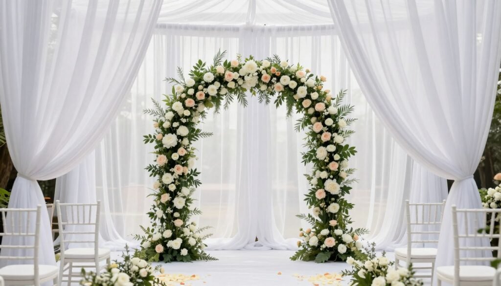 Elegant wedding ceremony with flowing sheer drapery and romantic floral arch Elegant wedding ceremony with flowing sheer drapery and romantic floral arch