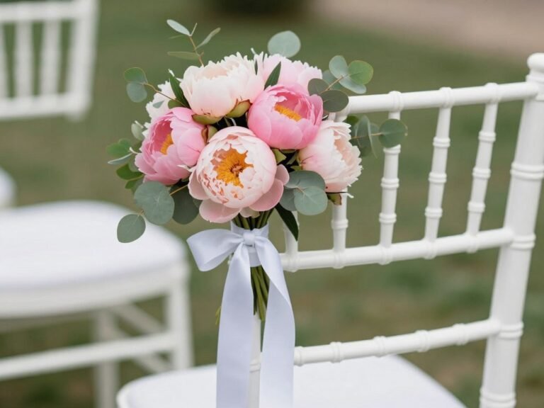 Elegant wedding chair with fresh peonies and greenery tied with white ribbon