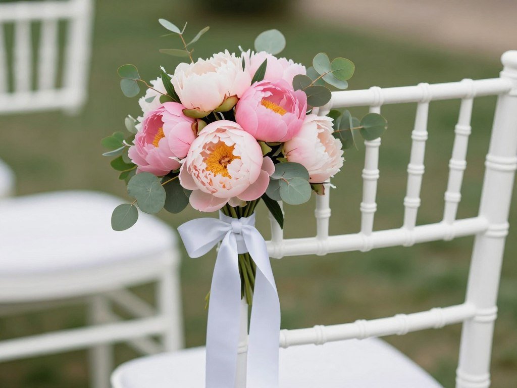Elegant wedding chair with fresh peonies and greenery tied with white ribbon