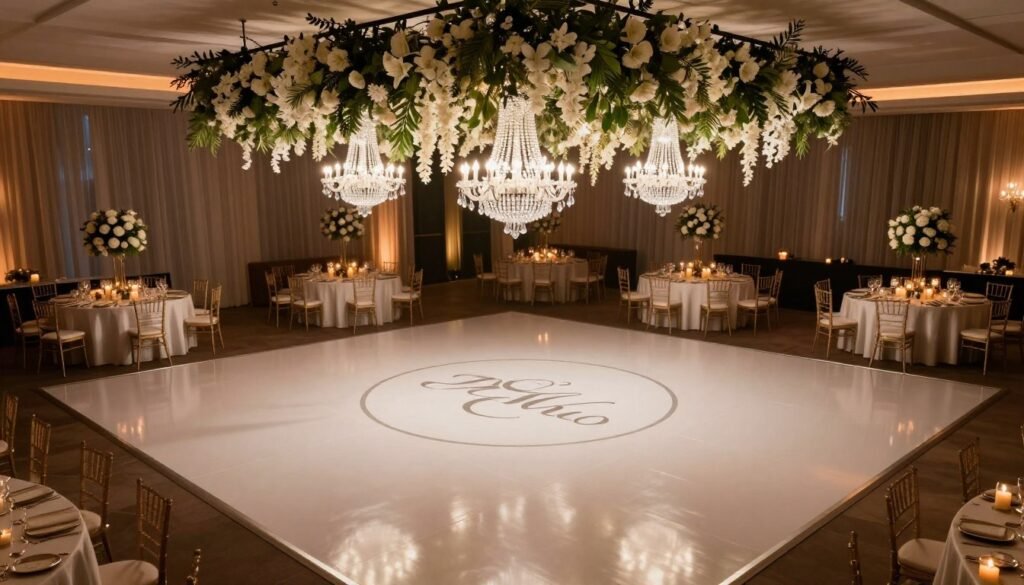 Elegant wedding dance floor with overhead floral installation, crystal chandeliers, and perimeter lighting Elegant wedding dance floor with overhead floral installation, crystal chandeliers, and perimeter lighting