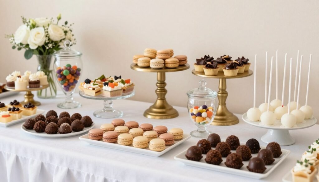 Elegant wedding dessert table with multiple treats