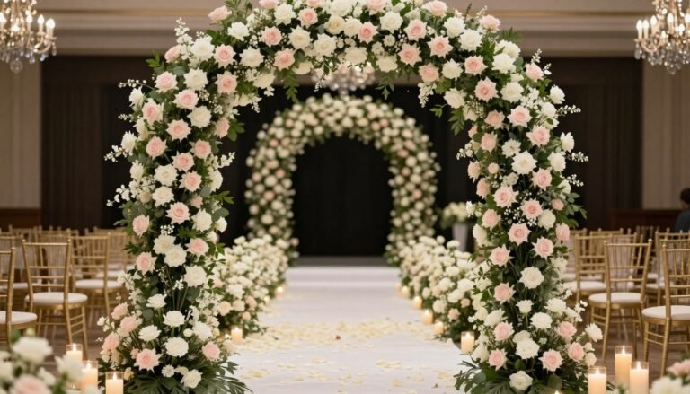 Elegant wedding entrance with floral arch and pathway