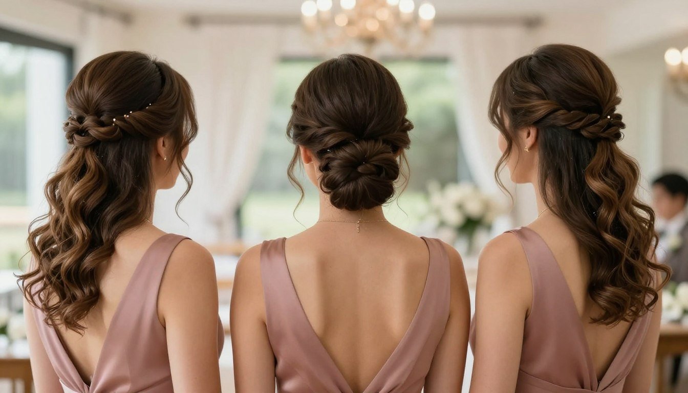 Elegant wedding hairstyles for bridesmaids featuring soft waves and romantic updos