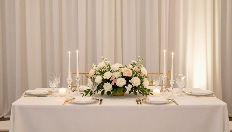 Elegant wedding head table with white linens, floral centerpieces, and candles