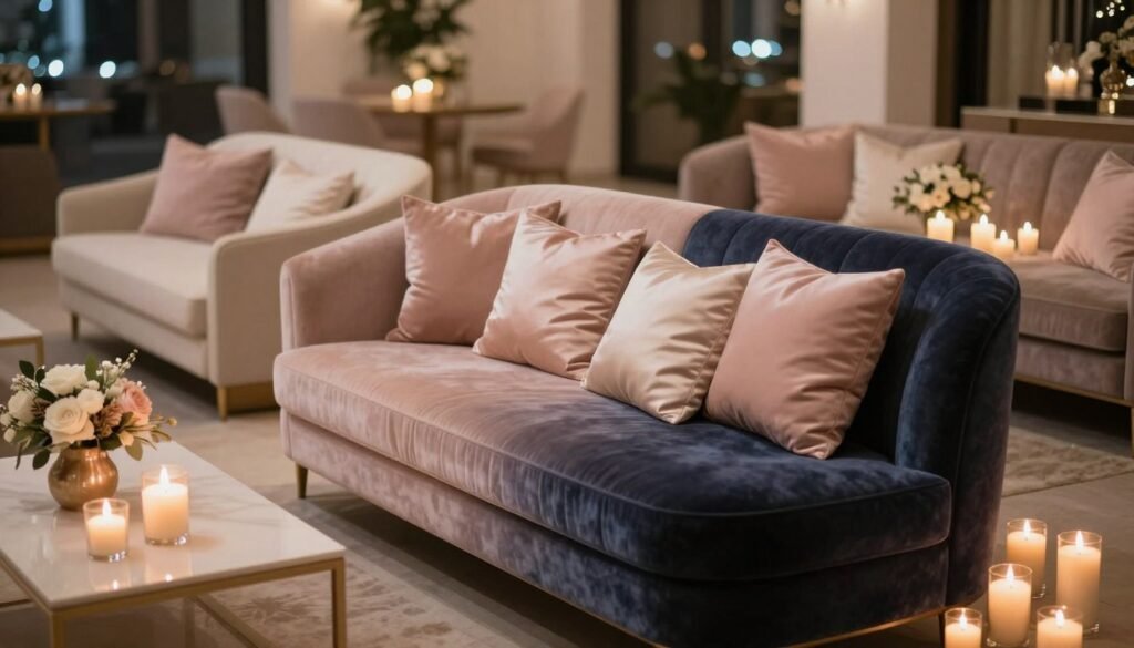 Elegant wedding lounge area with velvet furniture and romantic lighting Elegant wedding lounge area with velvet furniture and romantic lighting