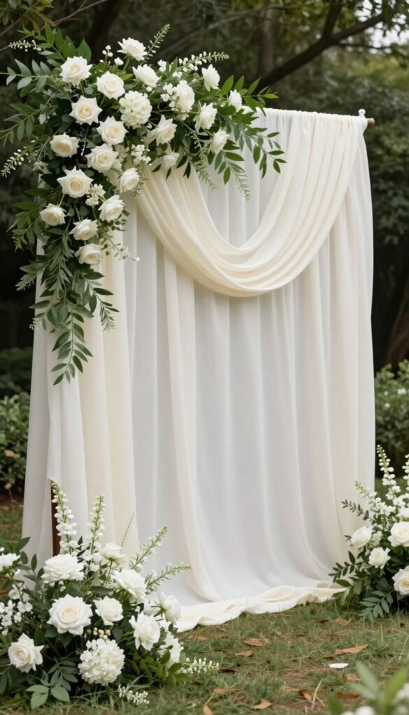 Elegant wedding photo backdrop with flowers and greenery