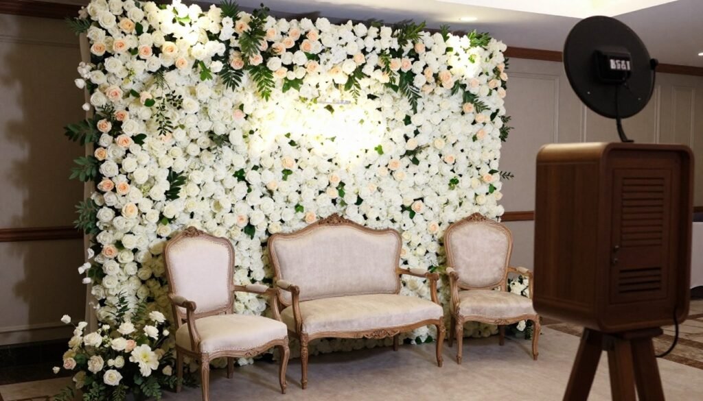 Elegant wedding photo booth with floral wall backdrop