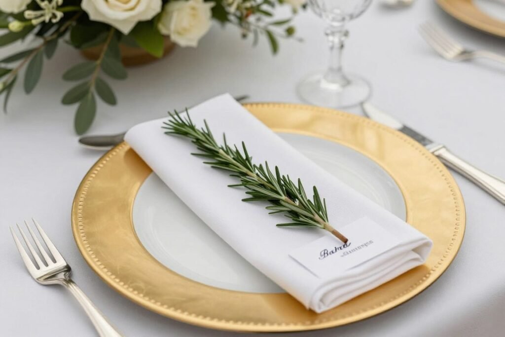 Elegant wedding place setting with decorated plate and napkin