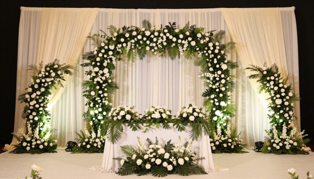 Elegant wedding reception backdrop with floral arrangements and drapery