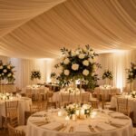 Elegant wedding reception decorated with flowers and candles creating romantic ambiance