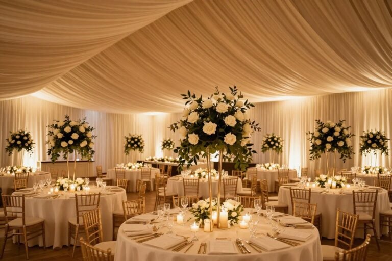 Elegant wedding reception decorated with flowers and candles creating romantic ambiance
