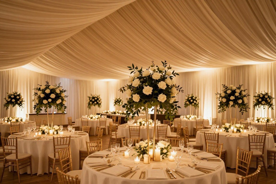 Elegant wedding reception decorated with flowers and candles creating romantic ambiance