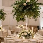 Elegant wedding reception decorated with lush greenery, taper candles, and romantic floral centerpieces