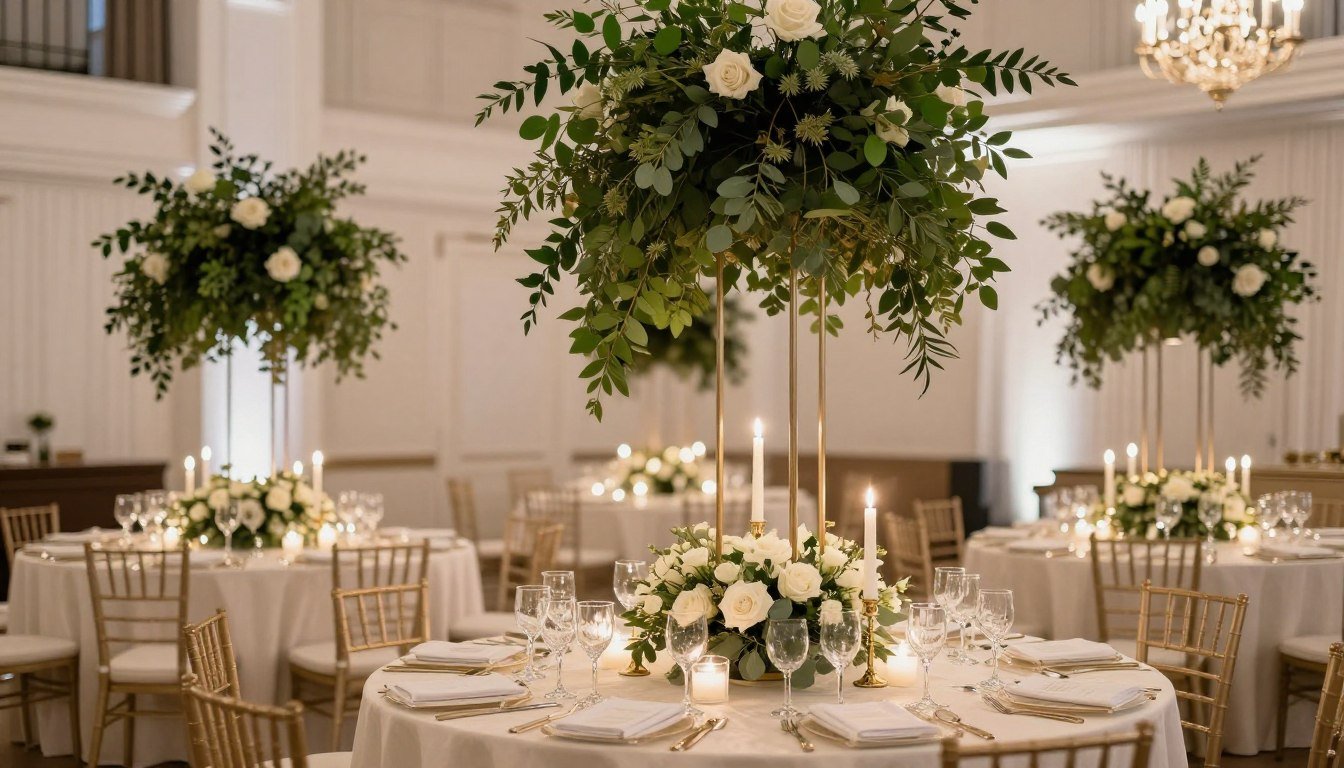 Elegant wedding reception decorated with lush greenery, taper candles, and romantic floral centerpieces