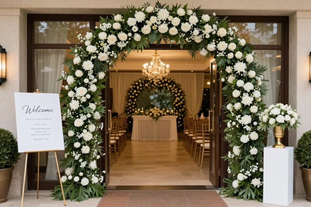 Elegant wedding reception entrance with floral arch and signage