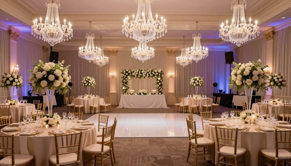 Elegant wedding reception hall with dramatic lighting and floral centerpieces