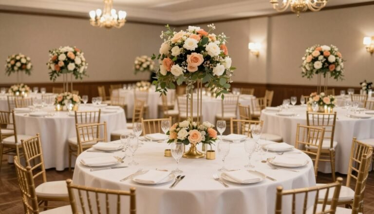 Elegant wedding reception hall with multiple round tables decorated with white linens and floral centerpieces