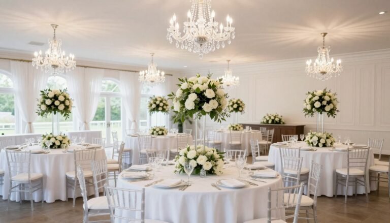 Elegant wedding reception hall with round tables decorated with white linens and floral centerpieces