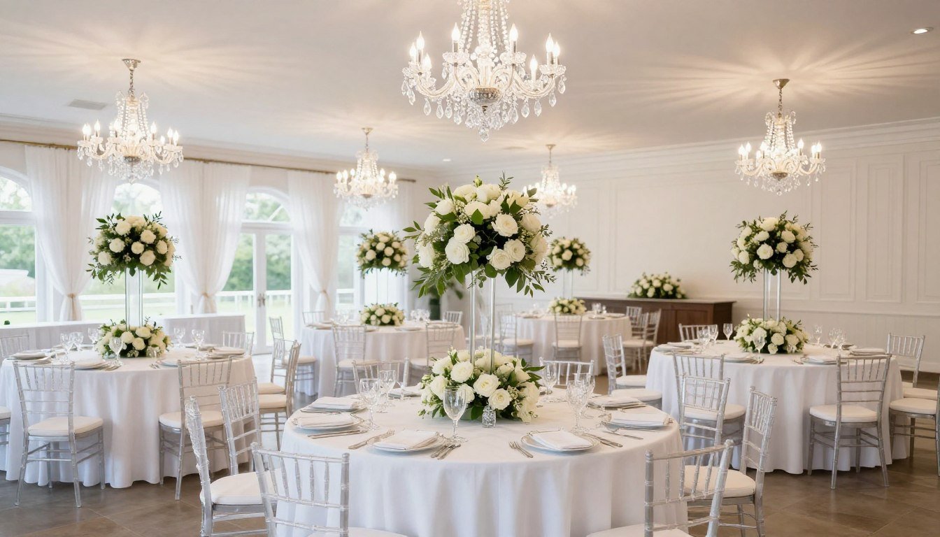Elegant wedding reception hall with round tables decorated with white linens and floral centerpieces