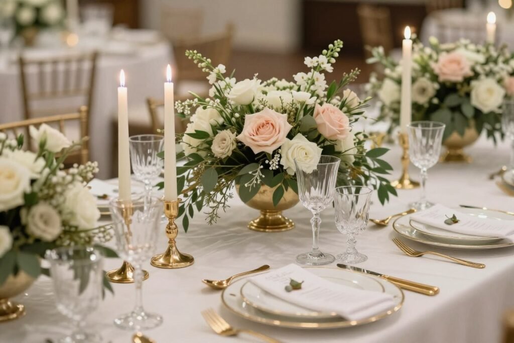 Elegant wedding reception table with floral centerpiece, candles, and fine dinnerware