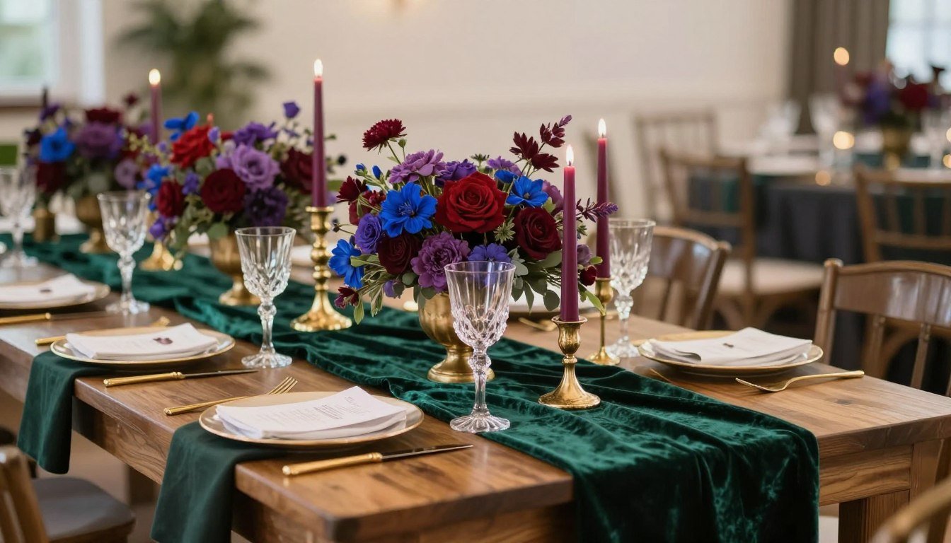 Elegant wedding reception table with jewel tone wedding decor featuring emerald linens, gold accents, and rich floral centerpieces