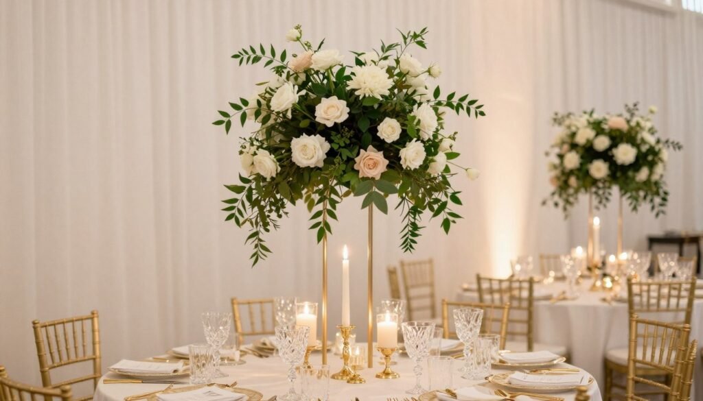 Elegant wedding reception table with tall floral centerpiece, candles, and gold accents Elegant wedding reception table with tall floral centerpiece, candles, and gold accents