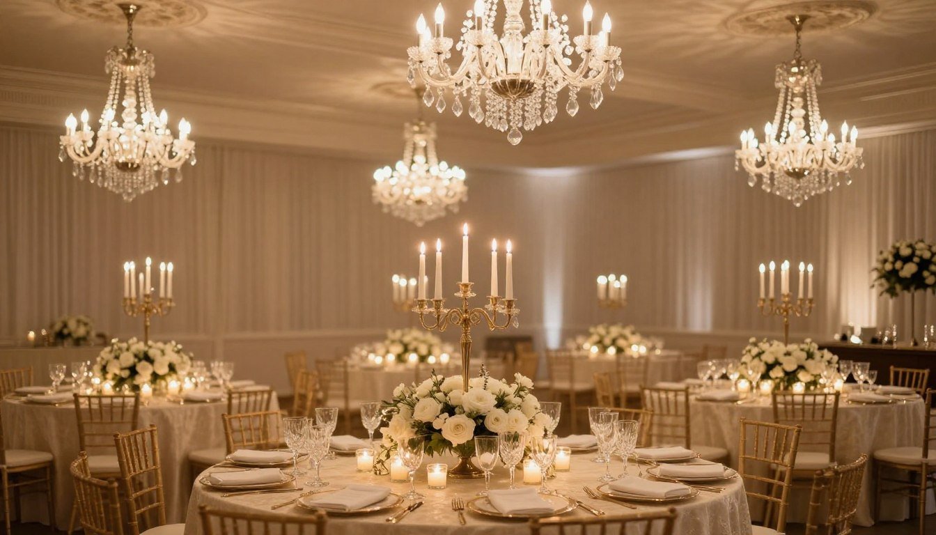 Elegant wedding reception with crystal chandeliers and soft candlelight creating a romantic atmosphere