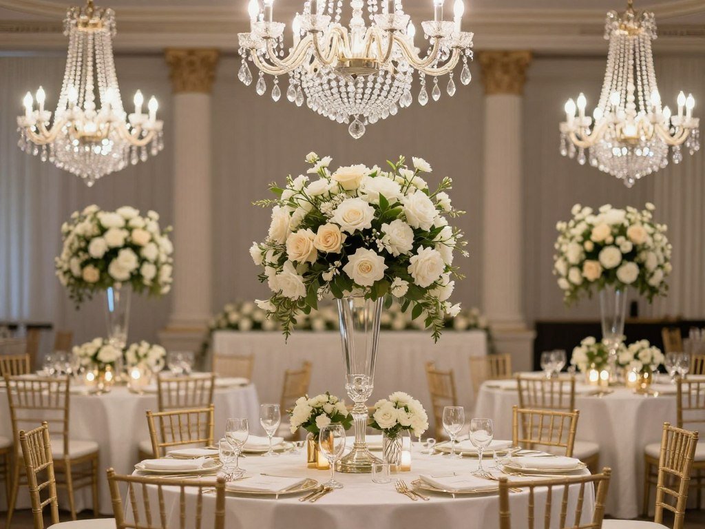 Elegant wedding reception with crystal chandeliers, white floral centerpieces, and gold accents