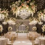 Elegant wedding reception with hanging floral installations and twinkling lights creating a magical atmosphere