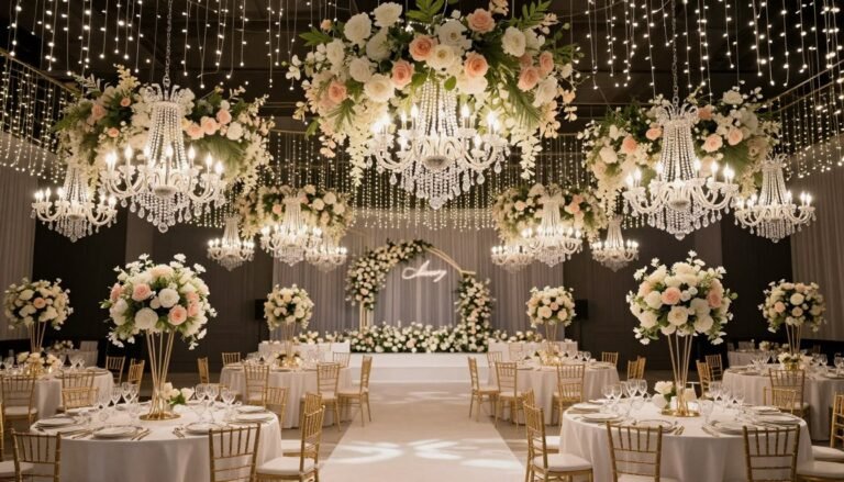 Elegant wedding reception with hanging floral installations and twinkling lights creating a magical atmosphere