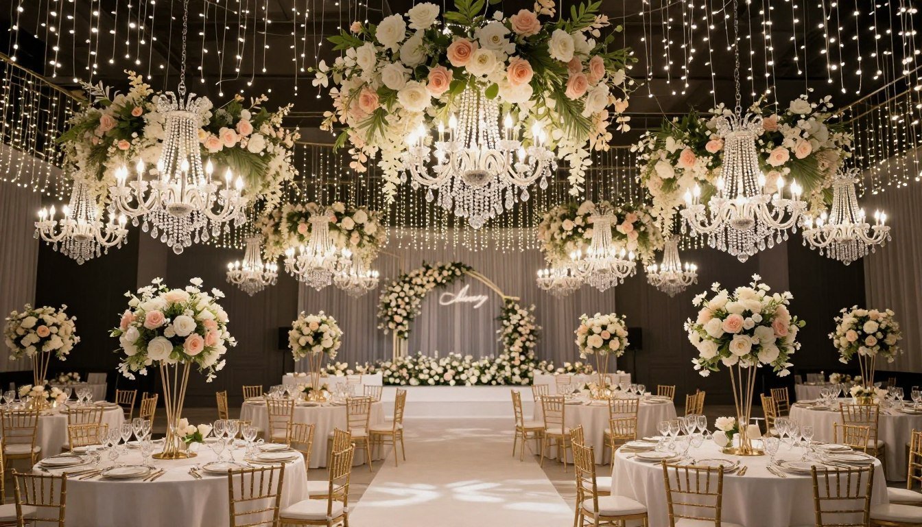 Elegant wedding reception with hanging floral installations and twinkling lights creating a magical atmosphere