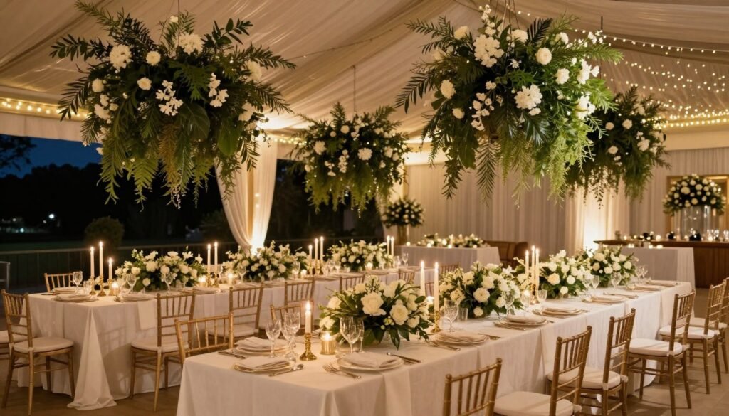 Elegant wedding reception with hanging floral installations, beautiful table settings, and ambient lighting Elegant wedding reception with hanging floral installations, beautiful table settings, and ambient lighting
