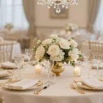 Timeless Classy Wedding Decor Ideas for Your Elegant Celebration Elegant wedding reception with ivory and gold color palette featuring gold-rimmed glassware, cream linens, and soft floral centerpieces