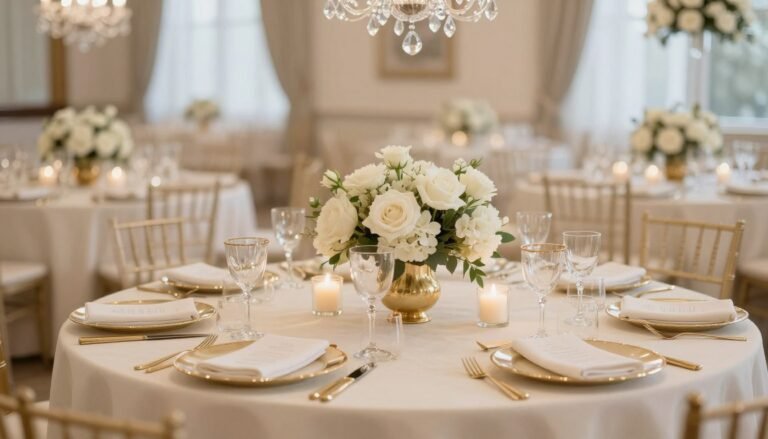 Elegant wedding reception with ivory and gold color palette featuring gold-rimmed glassware, cream linens, and soft floral centerpieces