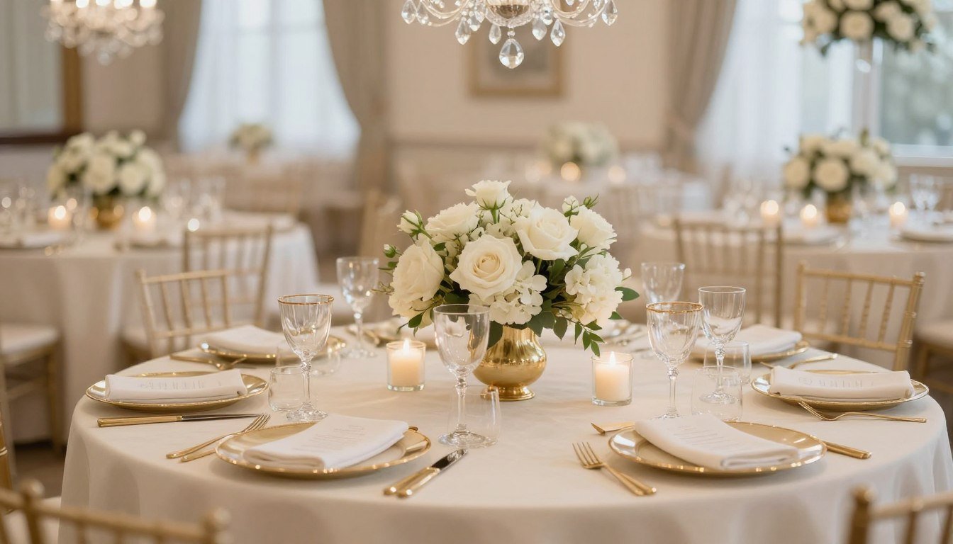 Elegant wedding reception with ivory and gold color palette featuring gold-rimmed glassware, cream linens, and soft floral centerpieces