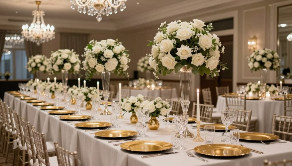 Elegant wedding reception with long tables featuring white floral centerpieces, crystal candelabras, gold charger plates, and white linens Elegant wedding reception with long tables featuring white floral centerpieces, crystal candelabras, gold charger plates, and white linens