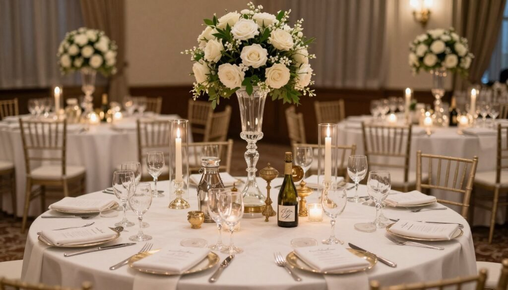 Elegant wedding reception with personalized details showing monogrammed elements, family heirlooms, and sophisticated decor that tells the couple's story Elegant wedding reception with personalized details showing monogrammed elements, family heirlooms, and sophisticated decor that tells the couple's story