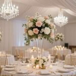 Elegant wedding reception with romantic decoration featuring floral centerpieces and ambient lighting