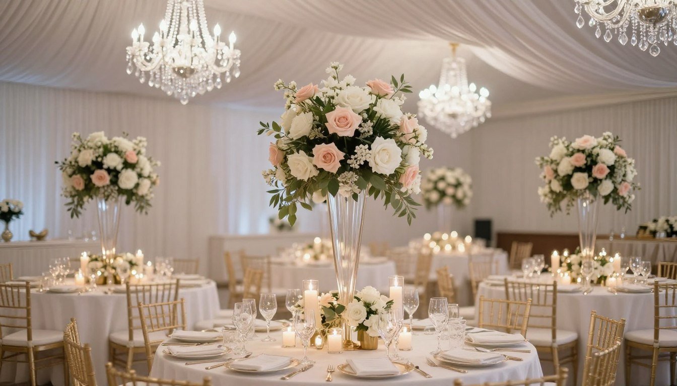 Elegant wedding reception with romantic decoration featuring floral centerpieces and ambient lighting