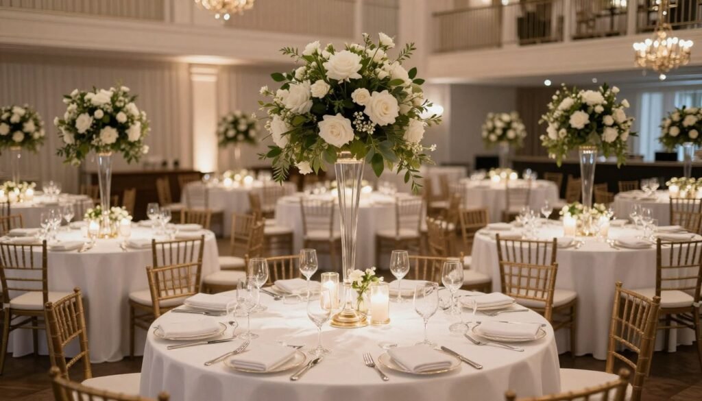 Elegant wedding reception with strategic decor investments showing statement centerpieces, quality linens, and ambient lighting Elegant wedding reception with strategic decor investments showing statement centerpieces, quality linens, and ambient lighting