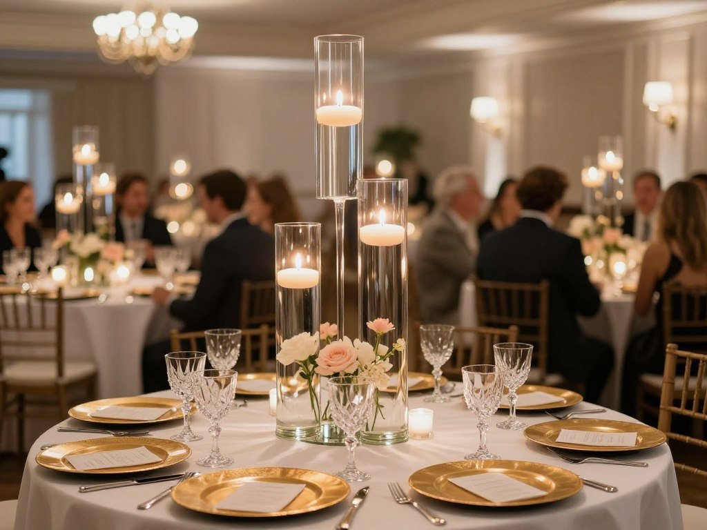 Elegant wedding reception with tall glass centerpieces and floating candles