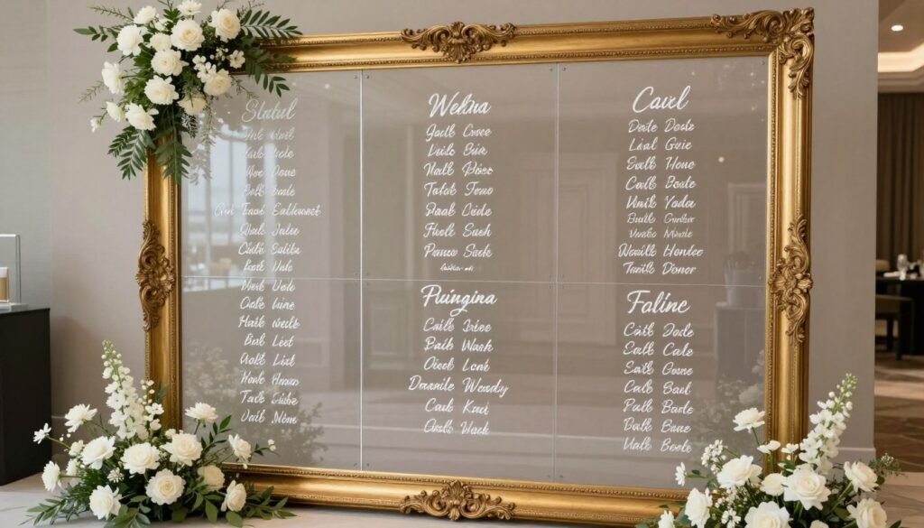 Elegant wedding seating chart display with gold frame, white calligraphy on acrylic, and floral accents Elegant wedding seating chart display with gold frame, white calligraphy on acrylic, and floral accents