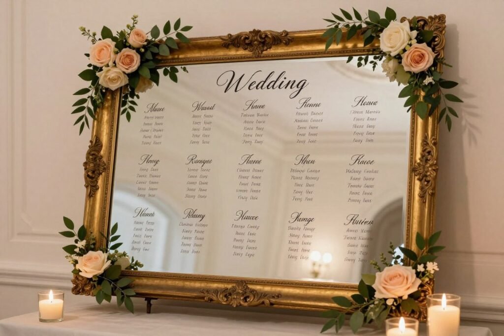 Elegant wedding seating chart with calligraphy on vintage mirror Elegant wedding seating chart with calligraphy on vintage mirror