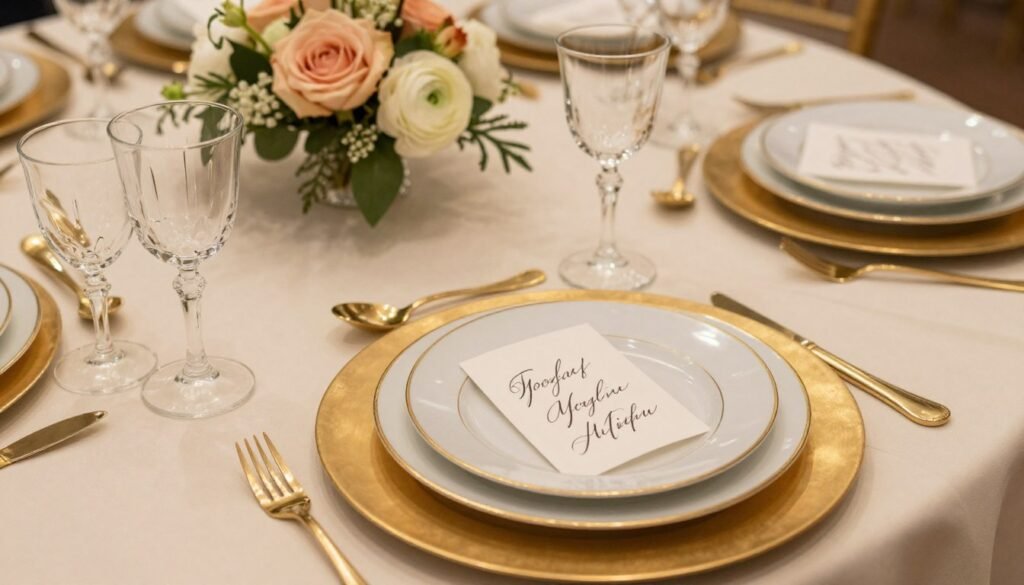 Elegant wedding table setting with crystal glassware, gold flatware, and delicate floral accents Elegant wedding table setting with crystal glassware, gold flatware, and delicate floral accents
