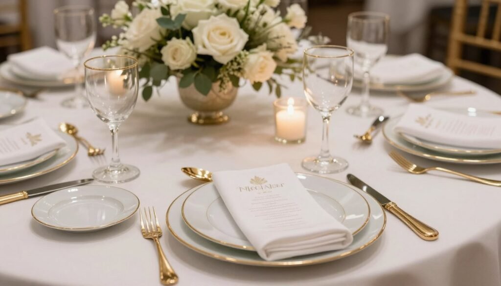 Elegant wedding table setting with fine china and gold accents