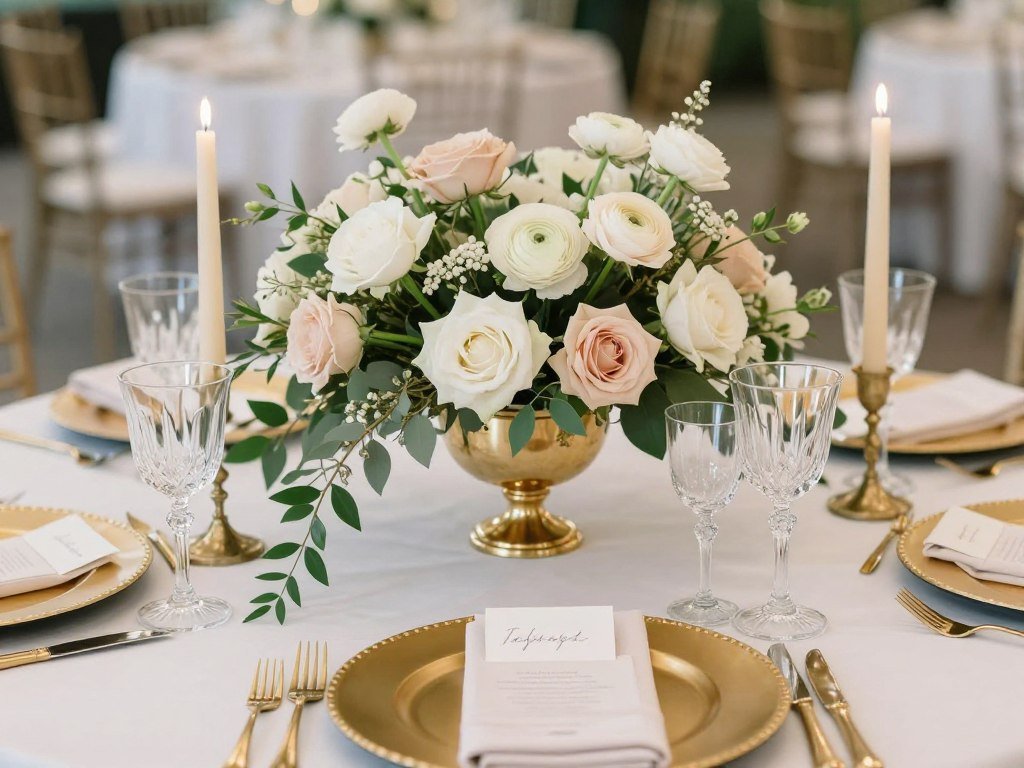 Elegant wedding table setting with floral centerpiece, candles, and fine tableware Elegant wedding table setting with floral centerpiece, candles, and fine tableware