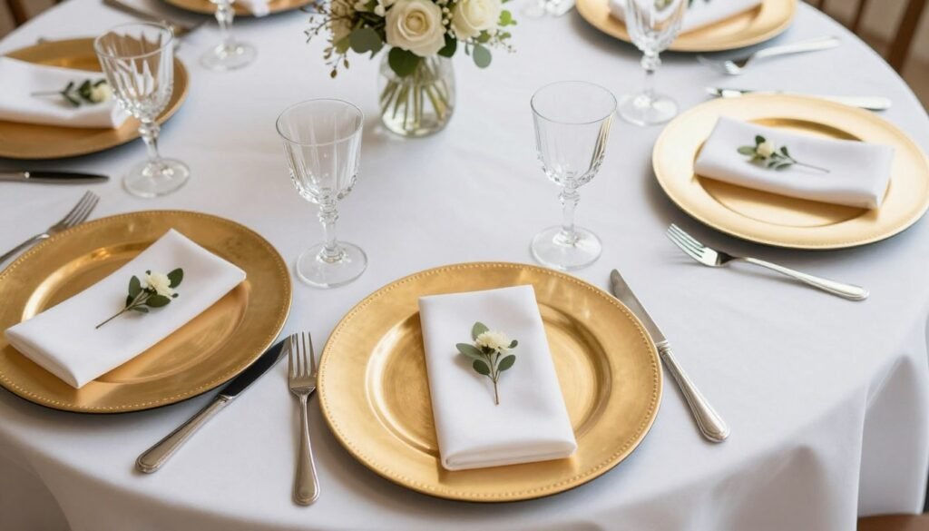 Elegant wedding table setting with gold chargers, crystal glassware, and floral accents
