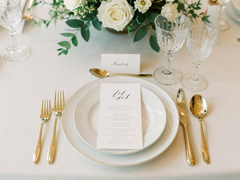 Elegant wedding table setting with place cards and floral centerpiece
