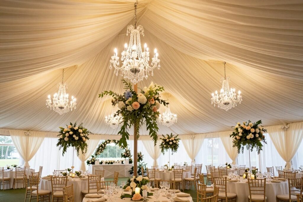 Elegant wedding tent with fabric draping, chandeliers, and floral installations Elegant wedding tent with fabric draping, chandeliers, and floral installations