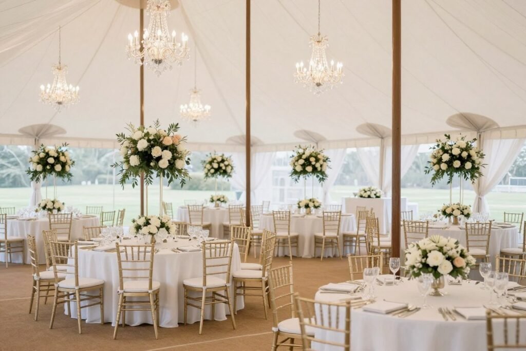 Elegant wedding tent with round tables, crystal elements, and sophisticated floral arrangements